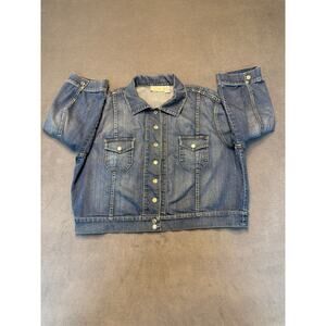 Chicos Denim Jacket Blue Wash Cropped 3/4 Sleeve Button Up Size 3